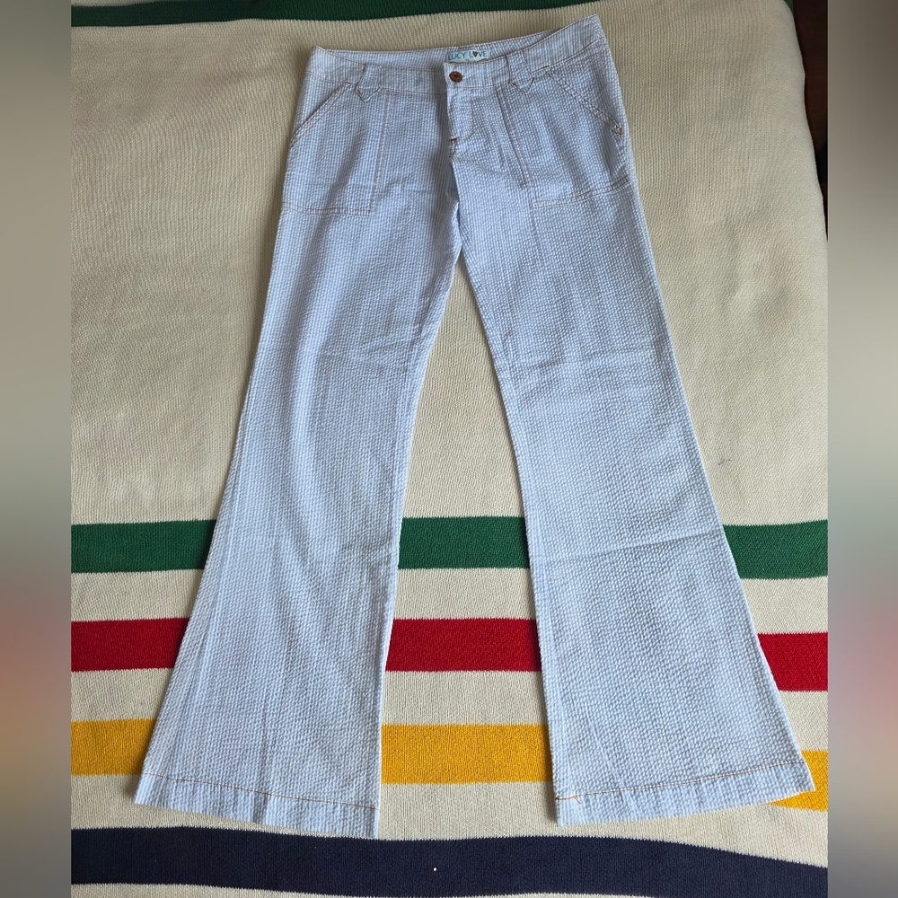 Lucy Love Vintage Light Blue Striped Seersucker Flared Bell Bottom Pants S 5/6
